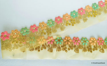 Gold Sheer Tissue Fabric Trim With Embroidered Pastel Pink, Green & Gold Flowers, Embellished With Beads